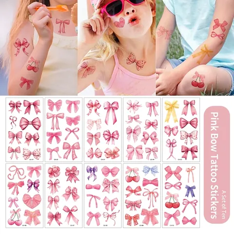 Pinke Schleife Temporäre Tattoo Aufkleber Aquarell Cartoon Schleifen Designs Für Kinder Mädchen Wasserfest Körperkunst