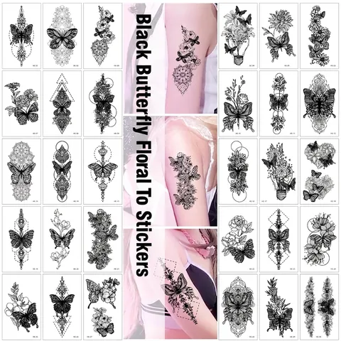 Temporäre Tattoo Aufkleber Wasserdicht Dark Style Schwarz Schmetterling Blumen Skizze Geometrisch Minimalistisch Körper