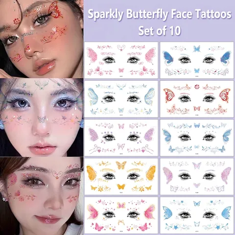 Butterfly Face Stickers Glitter Temporary Tattoos For Makeup Party Festival Colorful Fantasy Cute Women Girls