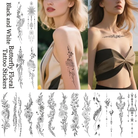Florale Tijdelijke Tattoo Stickers Waterdicht Lichaamskunst Bloemen Vlinder Zwart Wit Aquarel Voor Vrouwen Meisjes
