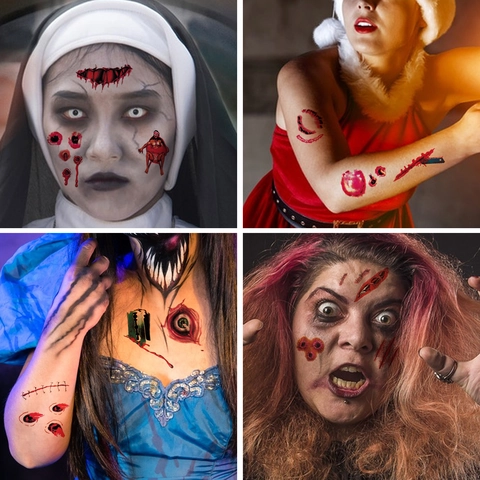 Halloween Horror Scars Temporary Tattoos Waterproof Bloody Wounds Face Stickers For Cosplay Party Makeup Fake Scars