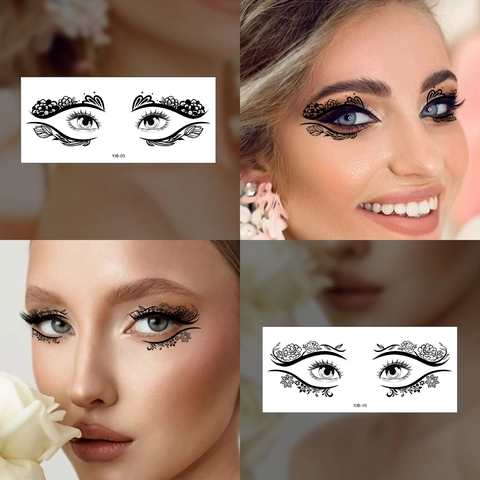 Black Butterfly Flower Eye Corner Temporary Tattoo Stickers Waterproof Lace Floral Face Makeup Stickers For Party Festival Women
