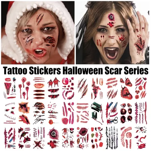 Halloween Horror Scars Temporary Tattoos Waterproof Bloody Wounds Face Stickers For Cosplay Party Makeup Fake Scars