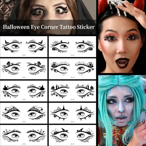 Autocollants De Tatouage Pour Les Yeux Halloween Temporaire Maquillage Du Visage Gothique Noir Chauve-souris Toile D'araignée