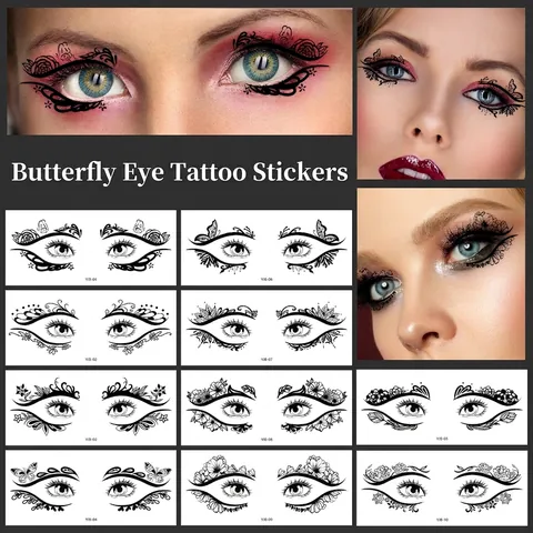Black Butterfly Flower Eye Corner Temporary Tattoo Stickers Waterproof Lace Floral Face Makeup Stickers For Party Festival Women
