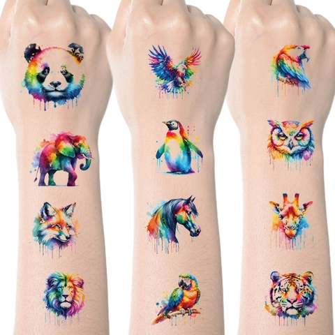 Waterproof Colorful Watercolor Animal Temporary Tattoos For Kids Adults Artistic Body Art Stickers For Arms Face Neck Tiger Lion Panda Eagle Decoration