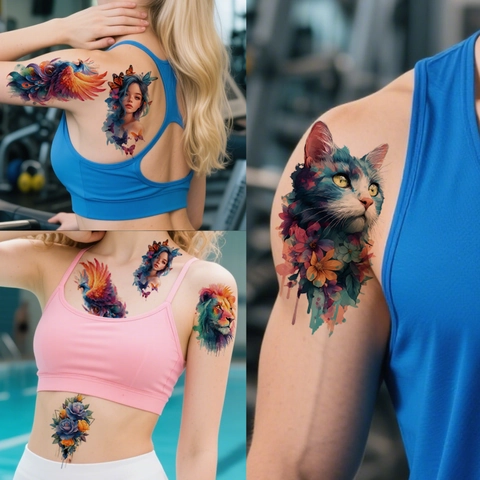 Watercolor Temporary Tattoo Stickers Rose Lion Owl Phoenix Dreamcatcher Flower Body Art For Women Men Party Body Decals