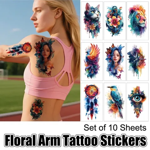 Watercolor Temporary Tattoo Stickers Rose Lion Owl Phoenix Dreamcatcher Flower Body Art For Women Men Party Body Decals