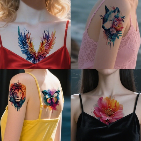 Wasserfarben Temporäre Tattoo Aufkleber Wasserdicht Bunt Löwe Schmetterling Blume Körperkunst Arm Schlüsselbein Langanhaltend