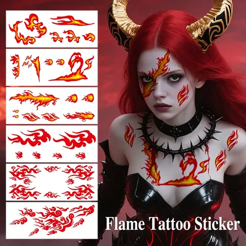 Fire Flame Temporary Tattoo Stickers Waterproof Halloween Party Gothic Punk Red Yellow Body Face Art