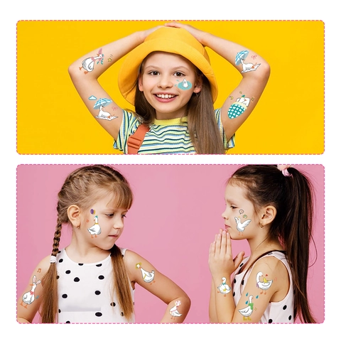 Adesivi Per Tatuaggi Temporanei Di Oca E Anatra Cartone Animato Impermeabili Arte Del Corpo Per Feste Di Bambini