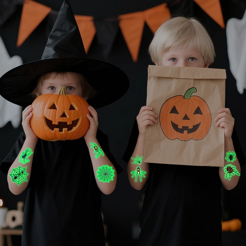 Tatuaggi Temporanei Luminosi Halloween Brillano Al Buio Ragnatela Zucca Fantasma Festa Decorazioni Corpo