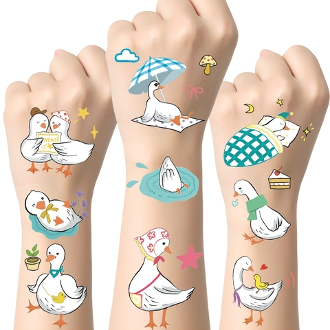 Adesivi Per Tatuaggi Temporanei Di Oca E Anatra Cartone Animato Impermeabili Arte Del Corpo Per Feste Di Bambini