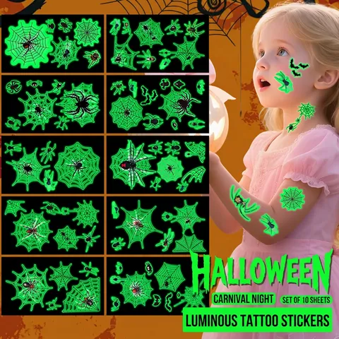 Tatuaggi Temporanei Luminosi Halloween Brillano Al Buio Ragnatela Zucca Fantasma Festa Decorazioni Corpo