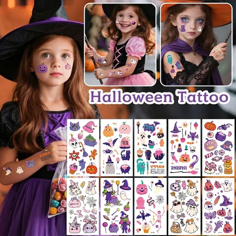 Cartoon Halloween Temporäre Tattoo Aufkleber Für Kinder Erwachsene Wasserdicht Kürbis Spinne Geist Fledermäuse Body Art Dekor