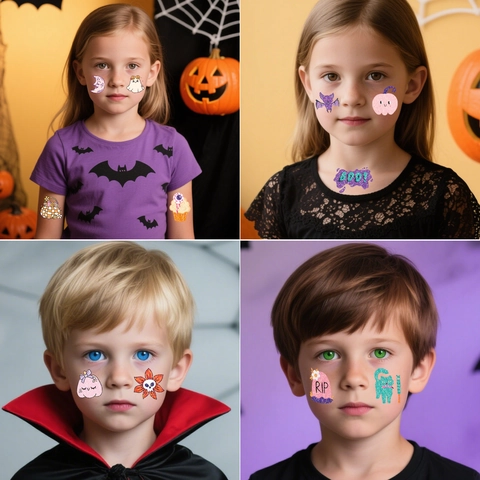 Tatuaggi Temporanei Halloween Adesivi Glitter Cartoni Zucca Fantasma Pipistrello Strega Impermeabile Feste Bambini