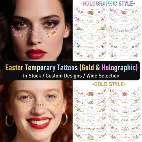Easter Temporary Face Tattoo Stickers Laser Gold Bronzing Freckle Makeup Rabbit Egg Patterns For Festive Party Decoration