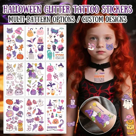 Halloween Temporary Tattoo Stickers Glitter Cartoon Pumpkin Ghost Bat Witch Waterproof Body Face Decals For Kids Party
