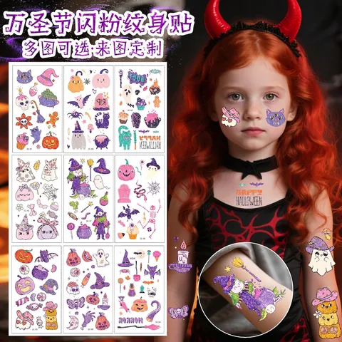 Tatuaggi Temporanei Halloween Adesivi Glitter Cartoni Zucca Fantasma Pipistrello Strega Impermeabile Feste Bambini