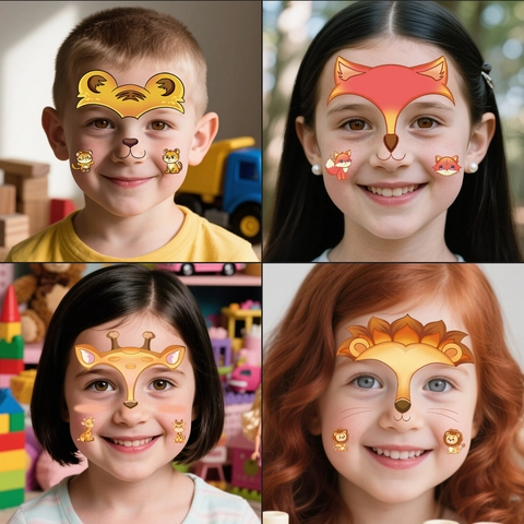 Kids Animal Face Temporary Tattoo Stickers Waterproof Cartoon Makeup For Party Role Play Girls Boys