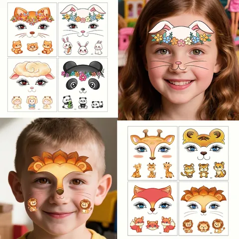 Kids Animal Face Temporary Tattoo Stickers Waterproof Cartoon Makeup For Party Role Play Girls Boys