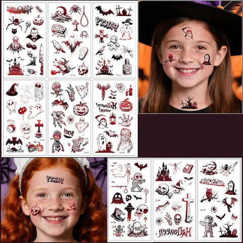 Tatuaggi Temporanei Halloween Adesivi Ragno Teschio Zucca Orrore Festa Corpo Viso Trucco Carta Trasferimento Acqua