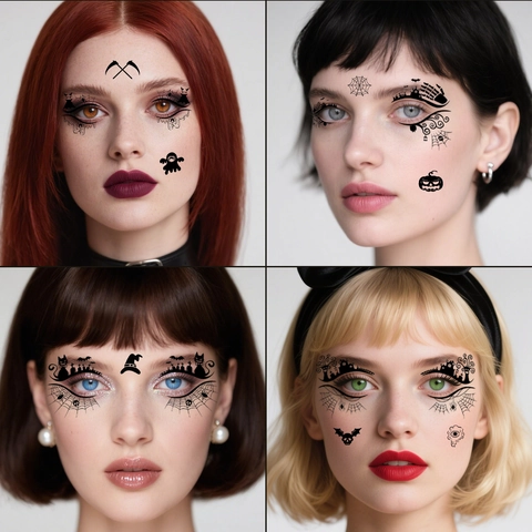 Tatouages Temporaires Halloween Pour Les Yeux Autocollants Motif Toile Araignée Chauve-Souris Maquillage Visage Pour Fête Noir