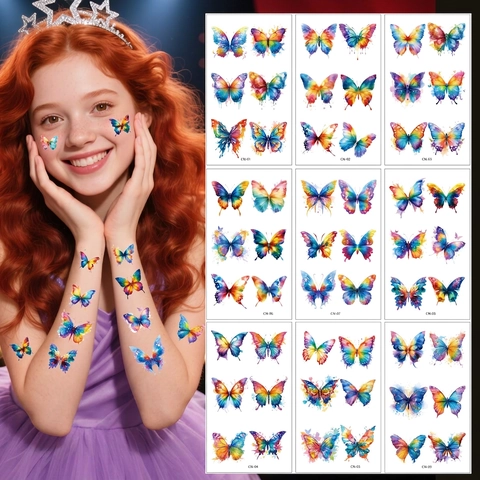 Adesivi Per Tatuaggi Temporanei Farfalla Acquerello Impermeabile Colorato Arcobaleno Arte Del Corpo Per Bambini Donne Festa