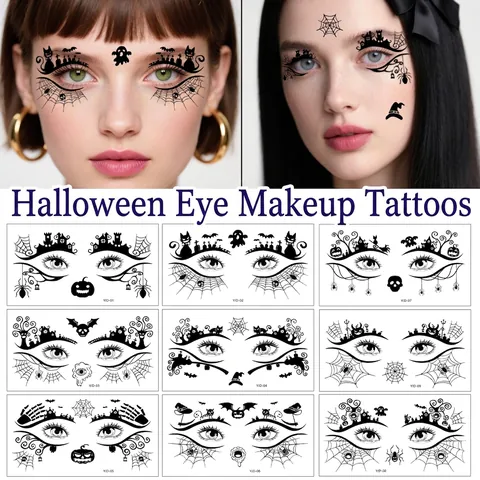Tatouages Temporaires Halloween Pour Les Yeux Autocollants Motif Toile Araignée Chauve-Souris Maquillage Visage Pour Fête Noir