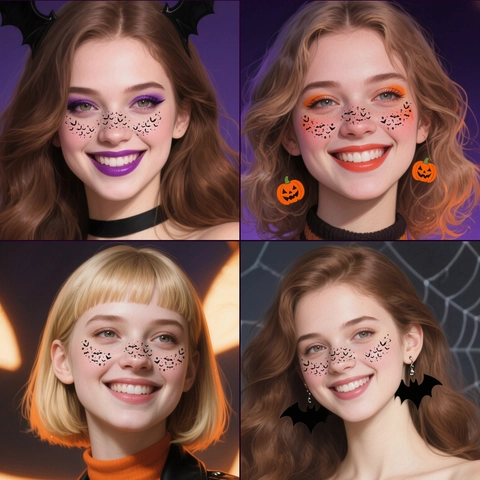 Adesivi Per Tatuaggi Viso Halloween Pipistrello Nero Stelle Luna Croce Gotico Trucco Decorazione Per Donne Cosplay