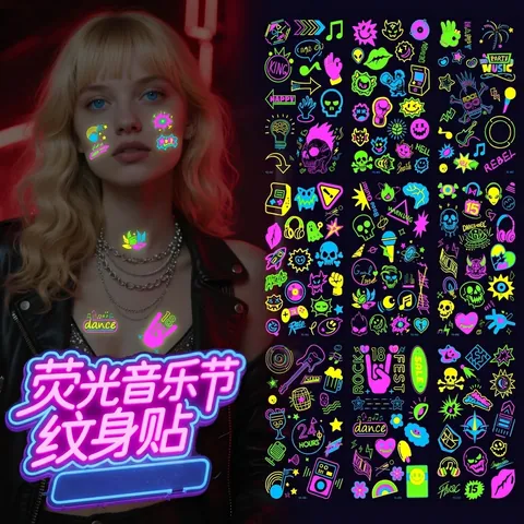 Adesivi Per Tatuaggi Temporanei Fluorescenti Neon UV Impermeabili Per Festival Musicale Festa Rave Accessori