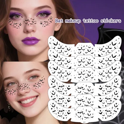 Adesivi Per Tatuaggi Viso Halloween Pipistrello Nero Stelle Luna Croce Gotico Trucco Decorazione Per Donne Cosplay