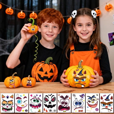 Adesivi Per Tatuaggi Viso Zucca Halloween Espressioni Divertenti Cartoni Animati Decorazione Feste Bambini Adulti