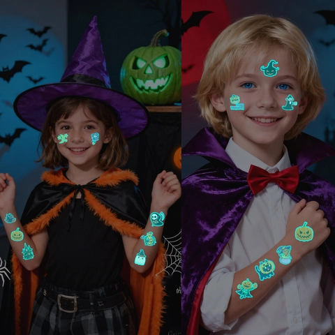 Tatuaggi Temporanei Halloween Adesivi Luminosi Blu Impermeabili Zucca Ragno Fantasma Orrore Per Feste