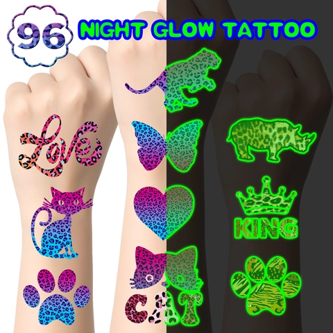 Leuchtende Leopard Tattoo Aufkleber Temporär Dunkeln Leuchtend Tier Herz Muster Körper Gesicht Kunst Party Mitbringsel