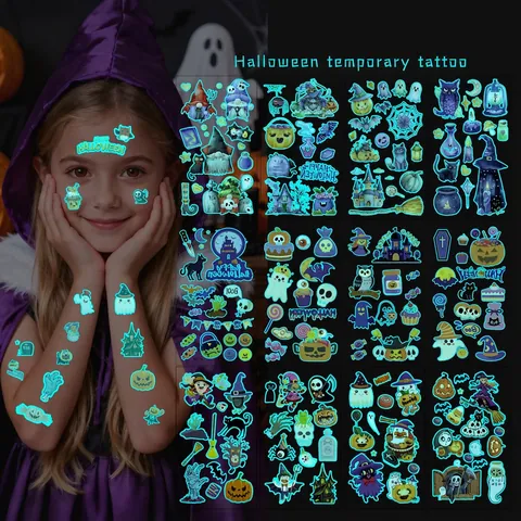 Tatuaggi Temporanei Halloween Adesivi Luminosi Blu Impermeabili Zucca Ragno Fantasma Orrore Per Feste