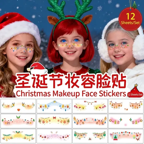Water Transfer Paper Christmas Halloween Facial Temporary Tattoo Stickers Glitter Festive Makeup Kids Party Decorative