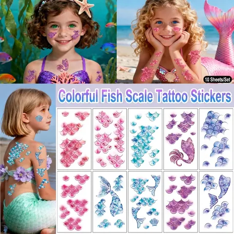 Autocollants De Tatouage Temporaire Écailles De Sirène Dégradé Coloré Dessin Animé Enfants Fête Art Corporel Décoration
