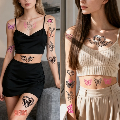 Temporäre Tattoo Aufkleber Wasserdicht Y2K Stil Pink Schwarz Schmetterling Herz Spinne Gothic Punk Körperkunst