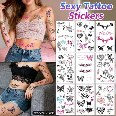 Temporäre Tattoo Aufkleber Wasserdicht Y2K Stil Pink Schwarz Schmetterling Herz Spinne Gothic Punk Körperkunst