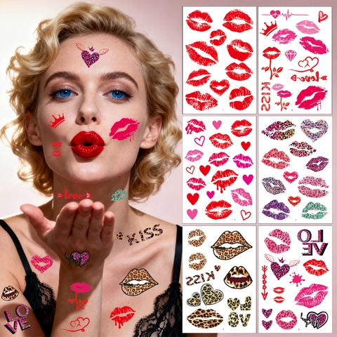 Tatuaggi Temporanei Bacio Labbra San Valentino Adesivi Cuore Leopardo Impermeabile Body Art Per Festa Di Coppia