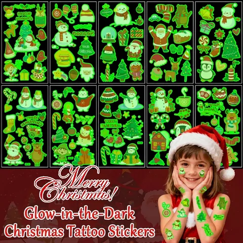 Christmas Luminous Temporary Tattoo Stickers Glow In The Dark Waterproof Cartoon Santa Claus Reindeer Elk For Kids Party