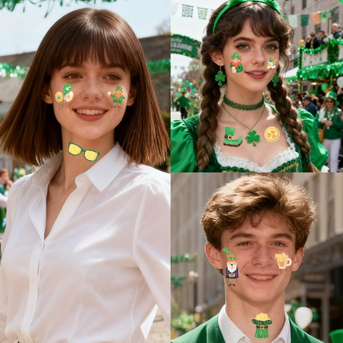 Tatuaggi Temporanei Glitter San Patrizio Adesivi Trifoglio Leprechaun Arcobaleno Decorazione Festa Irlandese Impermeabile
