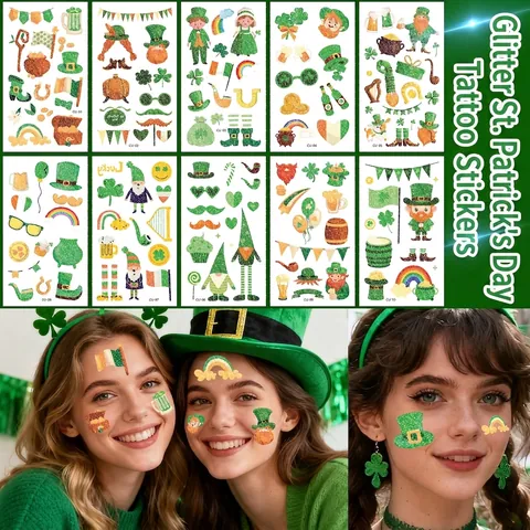 Tatuaggi Temporanei Glitter San Patrizio Adesivi Trifoglio Leprechaun Arcobaleno Decorazione Festa Irlandese Impermeabile