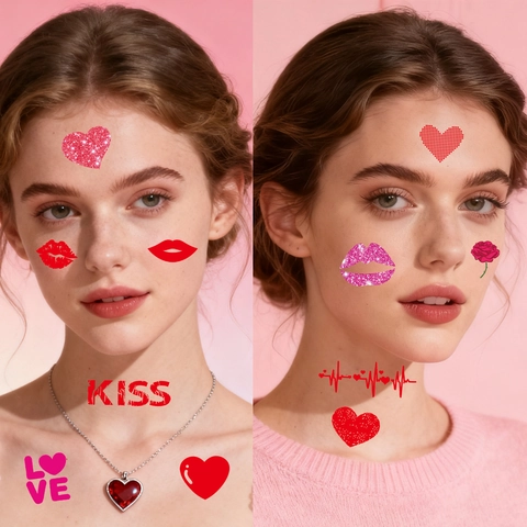 Temporary Tattoo Stickers Waterproof Water Transfer Romantic Red Lips Heart Cupid Rose Valentine Day Party Body Face Art