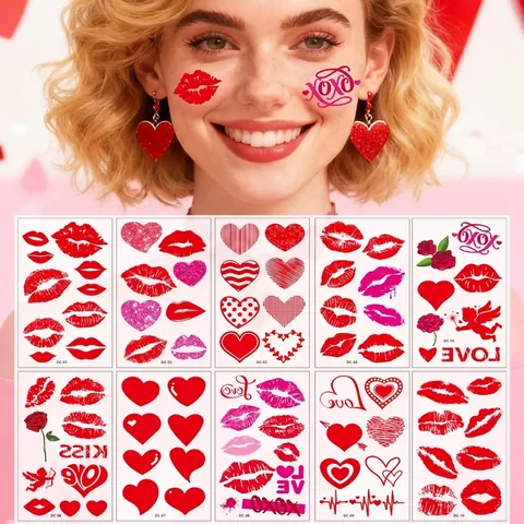 Temporary Tattoo Stickers Waterproof Water Transfer Romantic Red Lips Heart Cupid Rose Valentine Day Party Body Face Art