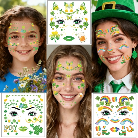 Tatuaggi Temporanei Per Il Viso Per Il Giorno Di San Patrizio Adesivi Glitterati Trifoglio Decorazioni Per Feste
