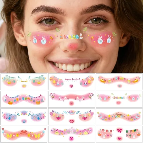 Tatouages Temporaires Visage Pâques Autocollants Étanche Lapin Œuf Floral Maquillage Pour Décoration De Fête Festive