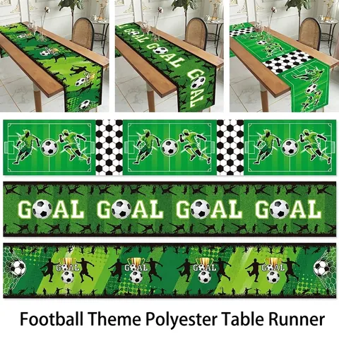 Chemin De Table En Polyester Thème Football Silhouette D'Athlète Motif Goal Et Trophée Pour Fête D'Anniversaire Sportive Décoration Table À Manger