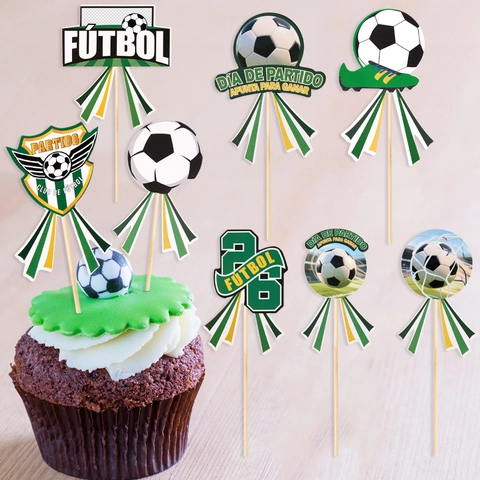 Soccer Theme Cake Toppers Birthday Party Decorations Spanish Futbol Match Day Cleats Ball Pattern Printed Cupcake Picks